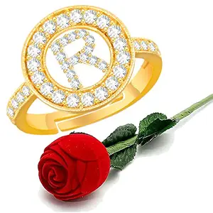 MEENAZ Heart Name Alphabet Letter Initial R Rings for girls women girlfriend Men Boys ring for girl Love American diamond Adjustable Valentine Crystal cz ad Stone Cubic Zirconia Gold Ring Red Box-249
