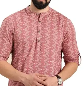 Zombom Men's Cotton Polyester Blend Solid Regular Fit Full Sleeve Printed Short Kurta | Ethnic, Lightweight Summer Kurta for Daily & Occasion Use | Men's Trendy Short Kurta