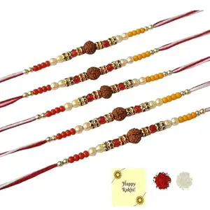 Avanti Creations Unisex Adult Modish Pearl And Rudraksh Rakhi (Set Of 5) With Roli Chawal Rakshabandhan Rakhi For Bhaiya Bhabi