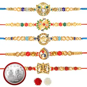 De Marquis 5 Designer Rakhi Sets |1 Laxmi-Ganesh Pooja Coin | PC-09713 Pearl, Kundan, Mauli Thread Rakhee for Brother | Roli-Chawal | Best Wishes Greeting Card (Pack of 5 Rakhees)