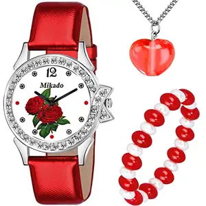 Mikado Red Rani Analog Watch and Bracelet with Heart Pendant for Girls and Women