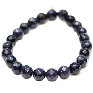 RRJEWELZ 8mm Natural Gemstone Blue Goldstone Round shape Faceted cut beads 7.5 inch stretchable bracelet for men. | STBR_RR_M_02086