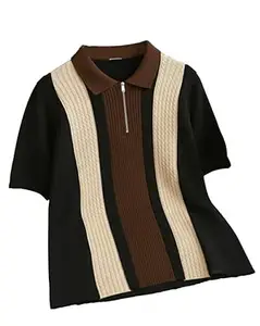 AUSK Men's Retro Cable-Knit Quarter-Zip Polo | Premium Textured Self-Design Half Sleeve T-Shirt for Men