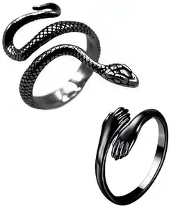 Utkarsh (Set Of 2 Pcs CMB7887 Black Color Combo Of Hand Hug Me And Mahakaal Shiva Animal Vintage Reptile Serpent Gothic Cobra Snake/Sarp Thumb Finger Ring