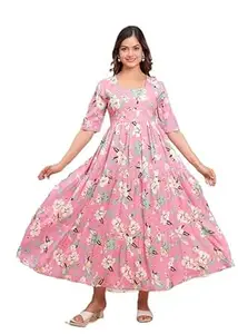 Women's Floral Print Tiered Maxi Dress, Puff Sleeves, V-Neck, Midi Length