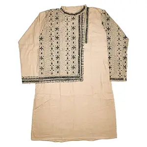 Soul of Bengal - Men's Kantha Stitch Hand Embroidered Cotton Kurta/Punjabi (Size: M/40; Biscuit;1122004)