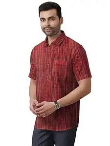 Men Khadii Cotton Half Sleeves Striped Spread Collar Neck Casaul Shirt