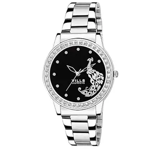 VILLS LAURRENS VL-7136 Black Peacock Designed Stainless Steel Watch for Women and Girls