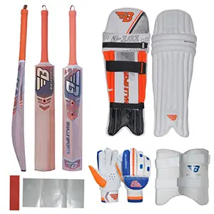 BHAJJI Kashmiri Willow Cricket BAT Elite Size-5, Batting PAD 101 Boys, Batting Gloves 202 Boys, Thigh Guard 505 Boys and BAT Care KIT Including Fibre Tape Along with Toe Guard
