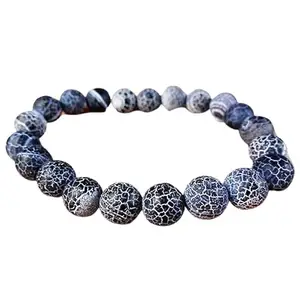 RRJEWELZ 8mm Natural Gemstone Crackle Black Agate Round shape Smooth cut beads 7.5 inch stretchable bracelet for men. | STBR_RR_M_02924