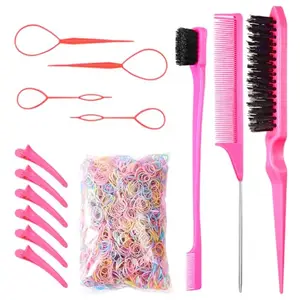 MAYCREATE® Hair Brush for Women Edge Brush Set of 14Pcs, Hair Styling Comb Tools Set with Rat-Tail Comb, Slick Back Hair Brushes, Hair Threader, Hair Clips & Colorful Rubber Bands