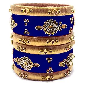 pratthipati's Hand Craft Silk Thread Bangles Plastic Bangle Set For Womens (Gold-Dark Blue) (Pack of 6) (Size-2/0)