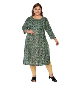 Women's Casual 3/4th Sleeve Golden Foil Printed Capsule Cotton Straight Kurti (Dark Green, 6XL)-PID42124
