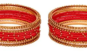 NMII Non-Precious Metal Base Metal With Silk Thread Or Ball Chain and Zircon Gemstone Studded Worked Bangles Set For Women and Girls,(Red_2.2 Inches), Pack Of 20 Bangles Set
