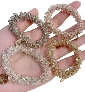 OxyTwo Crystal Hair Ropes Elastic Hair Band – Fancy Ponytail Holders, Beaded Elastic Hair Ties & Bracelet Hair Accessories for Women and Girls – for Everyday Wear, Special Occasions, Parties, Weddings, and Gift Ideas (Transparent, Pack of 2)