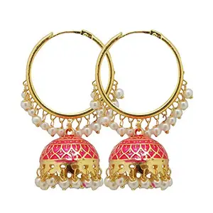 Femmibella 22kt Diva Collection Gold Plated Pearl Meenakari Jhumka Earring For Women, Pink