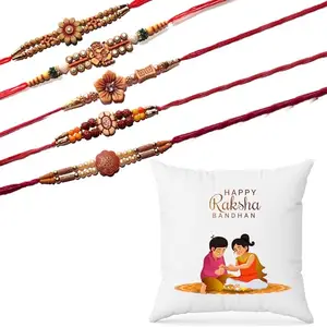 Ethnic Darzi Rakhi Combo Gift Set - 5 Designer Rakhis with Raksha Bandhan Printed Cushion - Gift for Brother | Rakhi with Pillow for Raksha Bandhan, RKCUS-13