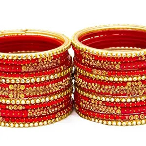 Swara Creations Glass Bangle/Churi Set, Red Golden Color, Wedding Festival Karwa Chauth Bengle for Women/Girls (236SKU)