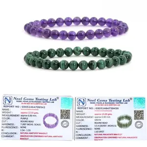 Gemaltic Lab Certified 6mm Natural Round Beads Stretch Bracelet 7 Inch Pack of 2 (Malachite & Amethyst)