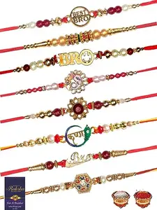 De Marquis Presents Multicolour Rakhi Combo Set with Roli Chawal Rakhi Bracelet Set for Men -Combo of 8