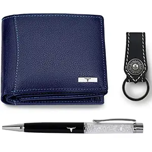 URBAN FOREST Blue Leather Men's Wallet, Black Keychain & Pen Combo Set (UBF000OPK4053)