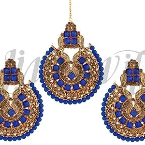 LIVE EVIL Maang Tikka With Earrings Set Gold Plated Navy Blue Kundan Earring Set with Maang Tikka for Women| Kundan Fashion Jewellery For Girl
