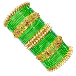 LIte green fancy bangle brass kangal chuda set pearl kada for girls and women (2.4)