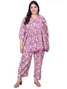 Indietoga Women's Pink Hand Block Printed Cotton Co-Ords Set (Plus Size 3XL)