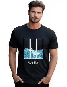 Cotton Printed Half Sleeve T-Shirt for Men Printed Round Neck Collarless Regular Fit T-Shirt for Boys (Black, L)