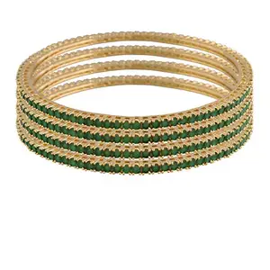I Jewels 18K Gold Plated Traditional Green Emerald Round CZ/Diamond Bangles for Women/Girls (ADB304G-a) (Set of 4)