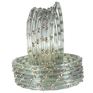 BANGLESKART Glossy Glass Bangles Set For Women & Girls with Zircon Diamond Stone | Trendy Transparent Crystal Glass Bangles | Fancy Kanch ki Chudi Set | Bangles for Wedding, Party- Set of 12