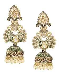 OOMPH Jewellery Green Meenakari Enamel Kundan Peacock Shape Jhumka Earrings For Girls & Women Stylish Latest