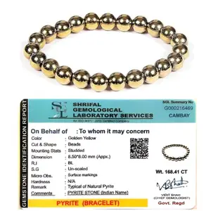 Sukhad Golden Pyrite Stone Bracelet with Lab Certificate for Men and Women - Natural Energised Healing, Willpower, Money, Protection, Wealth and Business - 8MM Bead(Py-029CT)