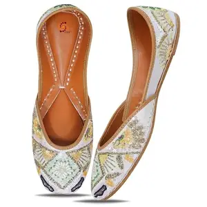 DFR Traditional Hand Dabka Zari Embroidery Rajasthani Ethnic Punjabi Comfortable Sole Cushioned Stylish Fancy Bellies Mojari Jutti for Women, Multicolor, 6