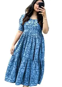 HIMORA Women's Blue Floral Print Maxi Dress, Short Sleeve, Square Neck, Tiered A-Line Style
