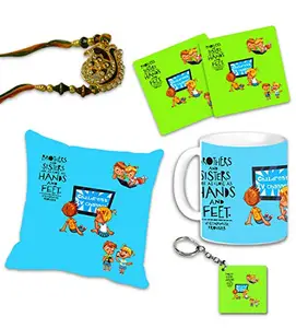 Rakhi Gift Combo for Brother – Premium Rakhi with Printed Mug, Cushion Cover, Coasters & Keychain | Funny Cartoon Design – Perfect Raksha Bandhan Gift Set