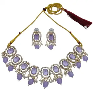 KUKRAIL FASHION Kukrail Square Shape Kundan and Zirconia Detailing Necklace Choker Set Elegant Gold-Plated Fashion Jewelry for Trendy Women and Girls | Women's Fashion Accessories (Lavender Color)