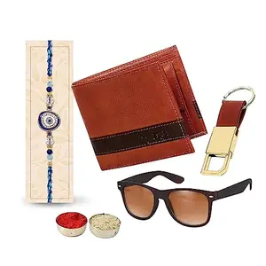 Relish Raksha Bandhan Combo Gift for bhaiya - Brown Leather Bi fold Wallet & Leather with Metal Key Ring & Brown Sunglass with Rakhi Combo Gift Box for Brother