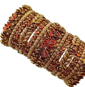 Traditional Indian Antique Gold Bangles Set, Red Crystal Stones,Bridal Jewelry, Wide Cuff Design-keep away from water (2.4)