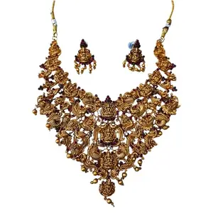 Gold Plated Temple Jewellery Heavy Necklace Set with Earrings for Women | Designer Imitation Jewellery