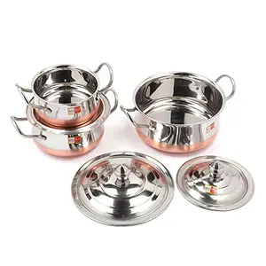KCL Stainless Steel Evo Mirror Finish Copper Bottom Dish for Cook n Serve with SS Lid - Set of 3 - Dimensions - 14cm, 16cm, 18 cm (Capacity - 1700 ml, 1000 ml, 600 ml) price in India.