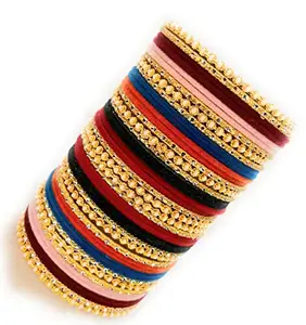 SBS 2.10 size (Large size) Alloy Metal Beaded and Multicolor Velvet Finish Bangles set for Women and Girls