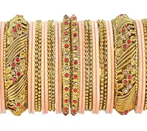 ZULKA Non-Precious Metal with Base Metal, Zircon Gemstone and Beads Studded Ball Chain Linked Glossy Finished Velvet Bangles Chuda set for Women and Girls, (Peach_2.4 Inches), Pack Of 46 Bangles