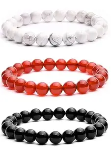 Aanya Gems Howlite, Carnelian, Black Onyx stone 8mm beads bracelet for men women (Pack of 3 combo)
