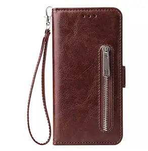 TELETEL Zipper Series Flip Mobile Cover Pu Leather | Card & Cash Pockets | Magnetic Loop | Front Zip Lock Wallet Case (Brown) for Redmi Y2