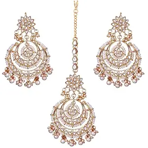 Amazon Brand - Anarva Gold Plated Wedding Chandbali Kundan & Pearl Earring Set With Maang Tikka For Women(Te7077W White)