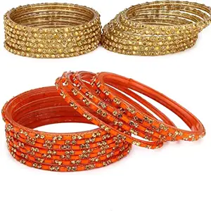 Somil Fashion Glass Bangles/Kada Combo Set for Women and Girls - Ideal for Weddings, Parties, and Festivals - Available in 4 Sizes - Includes 24 Stylish Bangles/Kada in Attractive Golden & Orange Colors