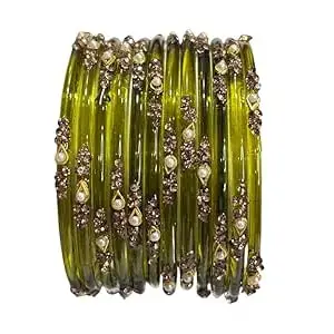 BANGLESKART Glass Bangles Set for Women & Girls – Set of 12 Premium Handmade Bangles with Stone & Pearl Work – 21 Colour Options – Sizes 2.4, 2.6, 2.8 – Traditional Bridal & Festival Wear Chudi Set