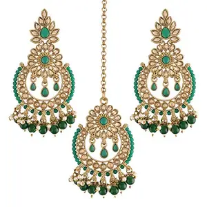 I Jewels Gold Plated Traditional Handcrafted Earrings With Maang Tikka Encased with Faux Kundan & Pearl for Women/Girls (TE4001G)