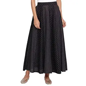W for Woman Cotton Jet Black Printed Panelled Skirt